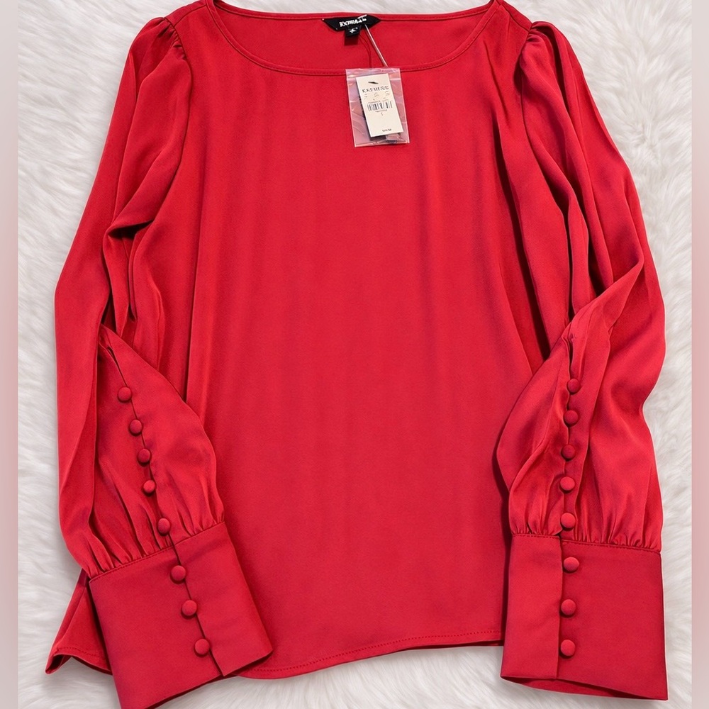 Express Bold Red Blouse with Buttoned Sleeves